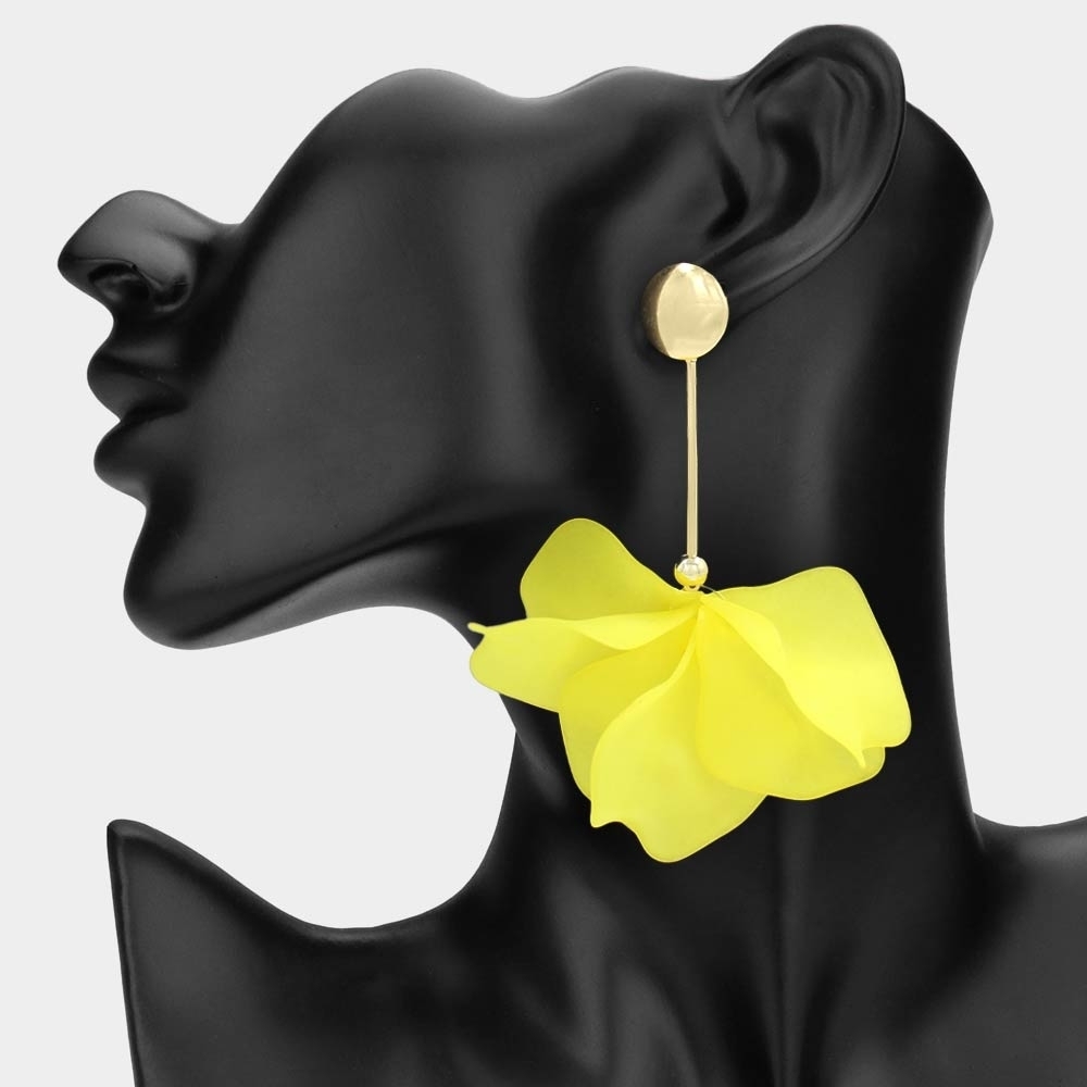 Yellow Floral Petal Link Dangle Earrings 3.25 Inch Tear Drop Statement Jewelry